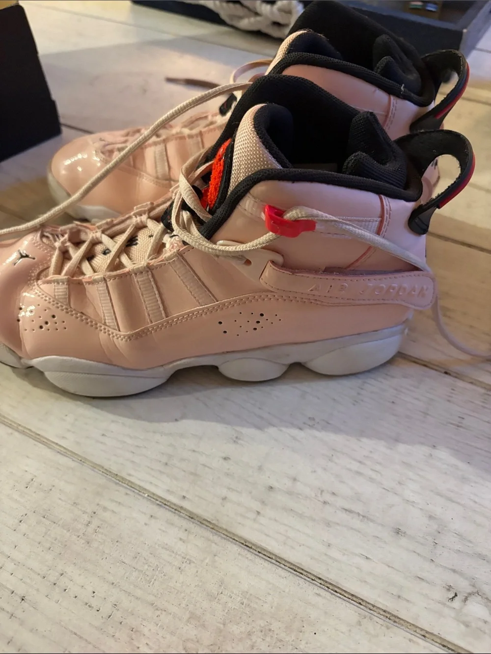 Jordan Kids' Pink Patent Leather Basketball Sneakers with Black Accents